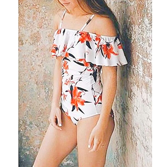 Other - Orange Floral Flounce Off Shoulder 1 Piece Swim